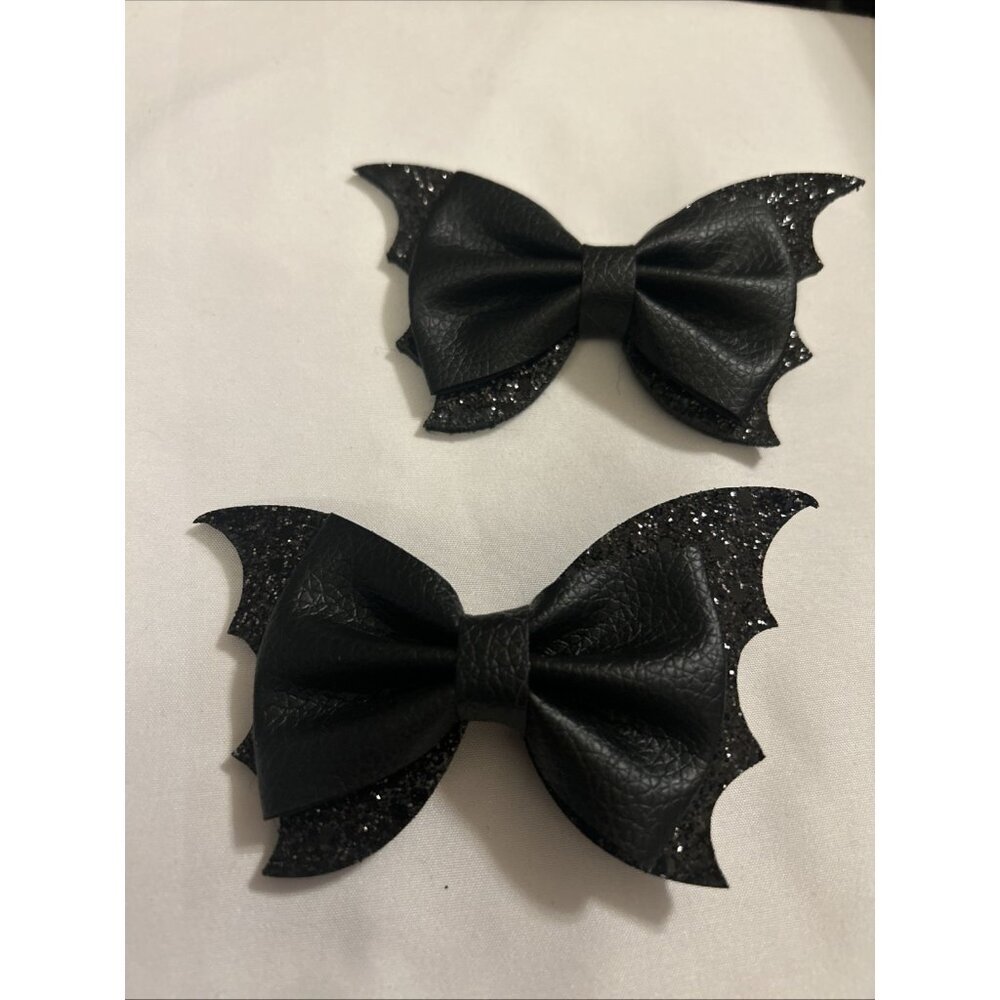 Bat Hair Clip Bows W/Faux Leather Handmade Black W/Shimmer Emo Goth Skater Set